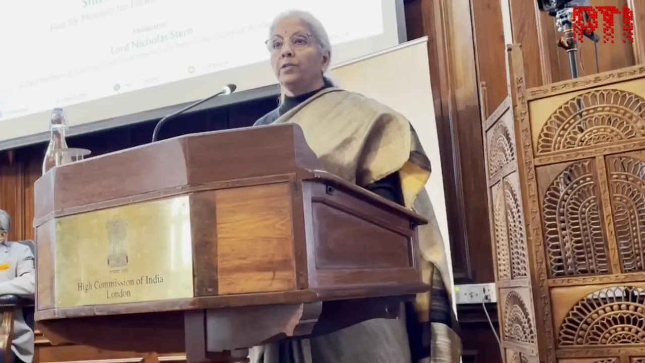 Nirmala Sitharaman speaks at the Indian High Commission in London on Tuesday, April 8, 2025.