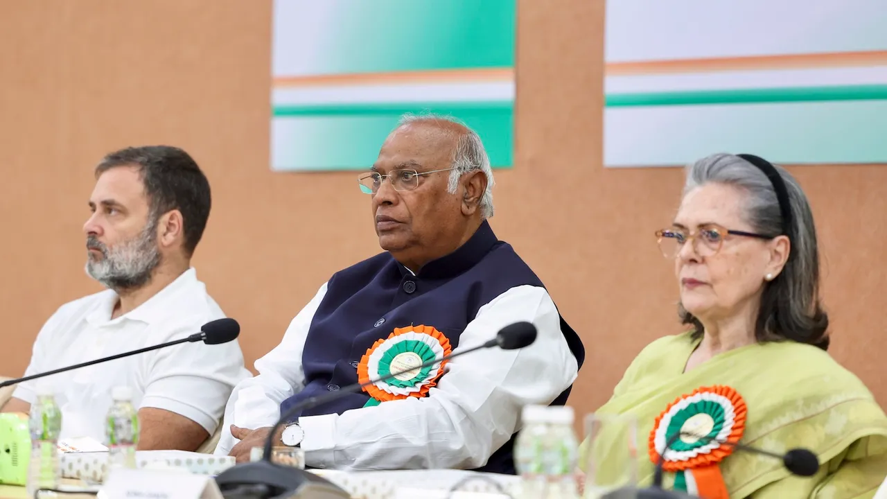 Rahul Gandhi, Mallikarjun Kharge and Sonia Gandhi during the extended Congress Working Committee (CWC) meeting at Sardar Vallabhbhai Patel Memorial in Ahmedabad on Tuesday, April 9, 2025.