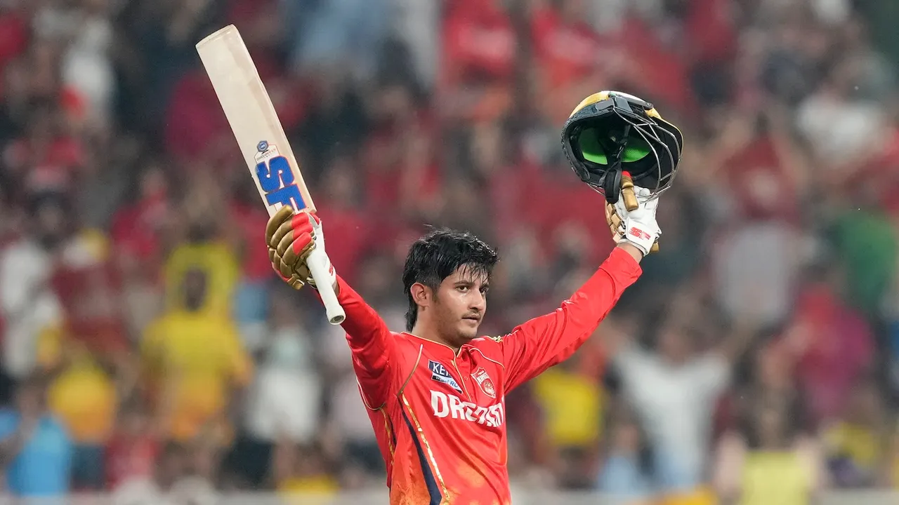 Punjab Kings' Priyansh Arya celebrates his century during an IPL match against Chennai Super Kings in New Chandigarh on Tuesday, April 8, 2025.