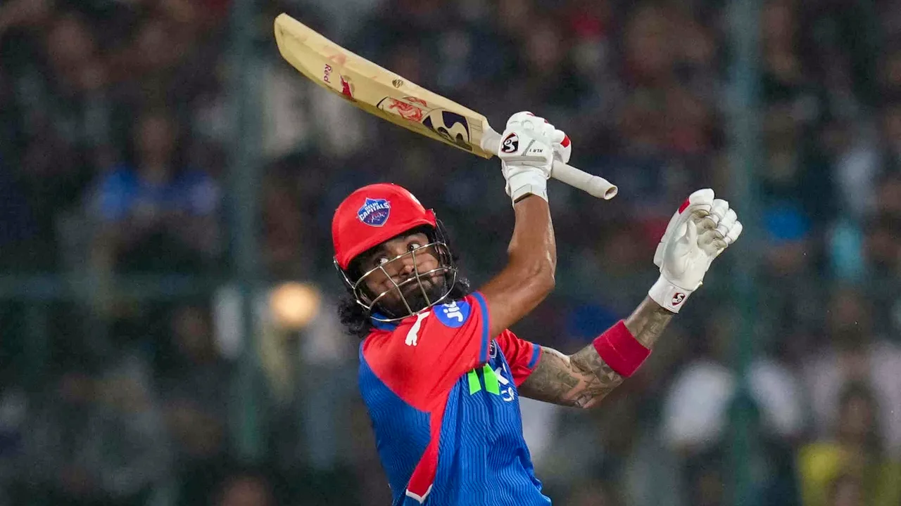 Delhi Capitals' KL Rahul plays a shot during an IPL match against Royal Challengers Bengaluru on Thursday, April 10, 2025.