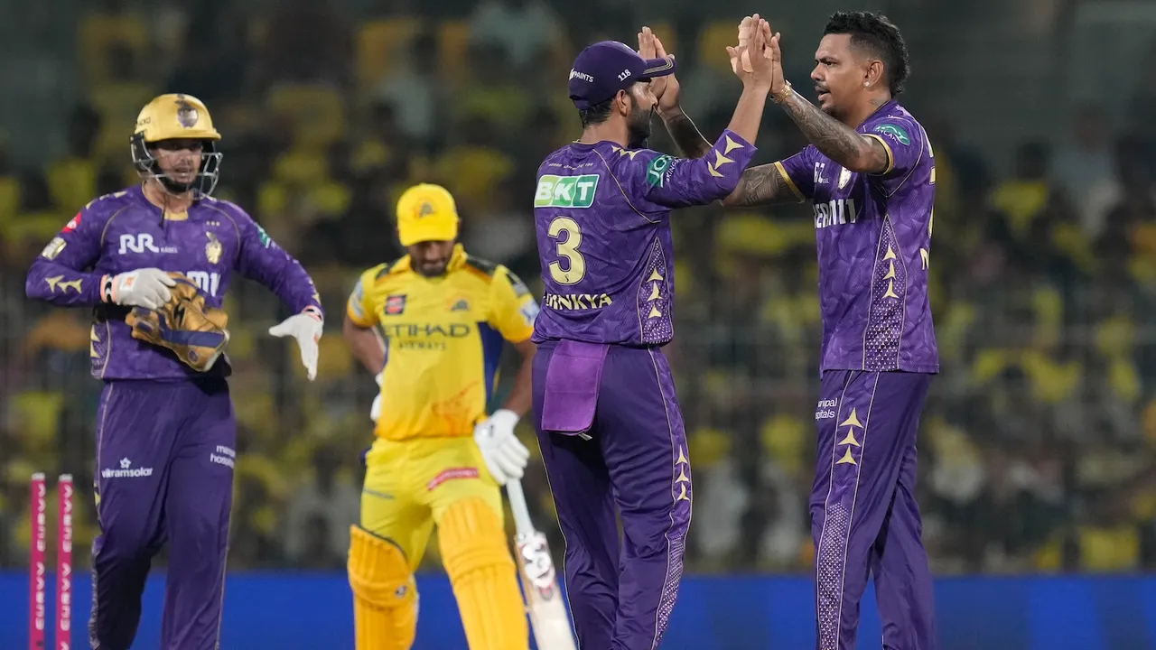 Kolkata Knight Riders’ Sunil Narine celebrates with teammates after taking the wicket of Chennai Super Kings’ Rahul Tripathi at the MA Chidambaram Stadium in Chennai on Friday, April 11, 2025.