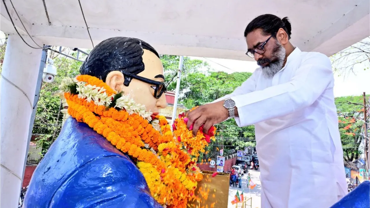 Chief Minister Hemant Soren pays floral tributes to BR Ambedkar on his 135th birth anniversary.