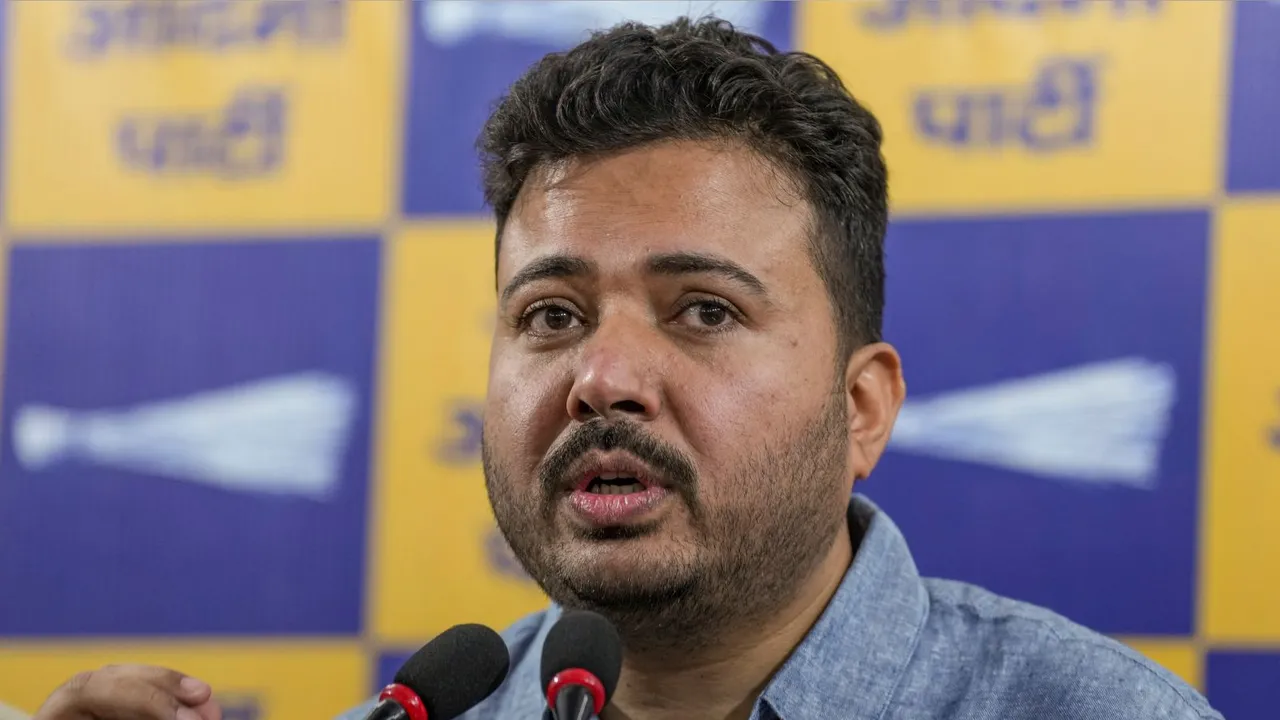 Senior AAP leader Durgesh Pathak addresses a press conference, in New Delhi.