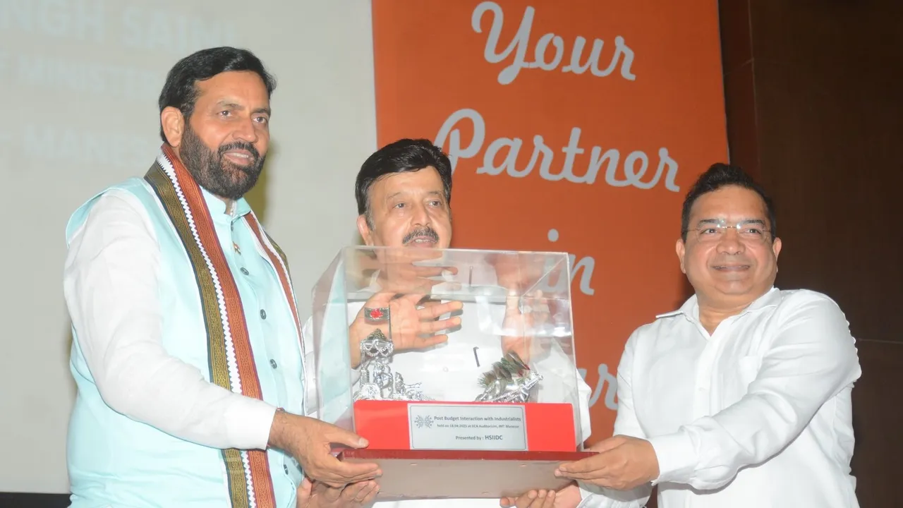 Haryana Chief Minister Nayab Singh Saini (left) holds post-budget interaction with representatives of industry in Manesar on Friday, April 18, 2025.