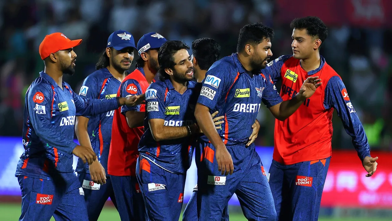 Lucknow Super Giants players celebrate the win against Rajasthan Royals at Sawai Mansingh Stadium in Jaipur on Saturday, April 19, 2025.