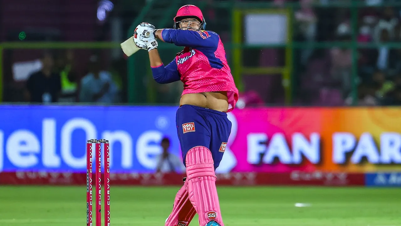 Rajasthan Royals' Vaibhav Sooryavanshi plays a shot during an IPL match against Lucknow Super Giants at Sawai Mansingh Stadium in Jaipur on Saturday, April 19, 2025. 