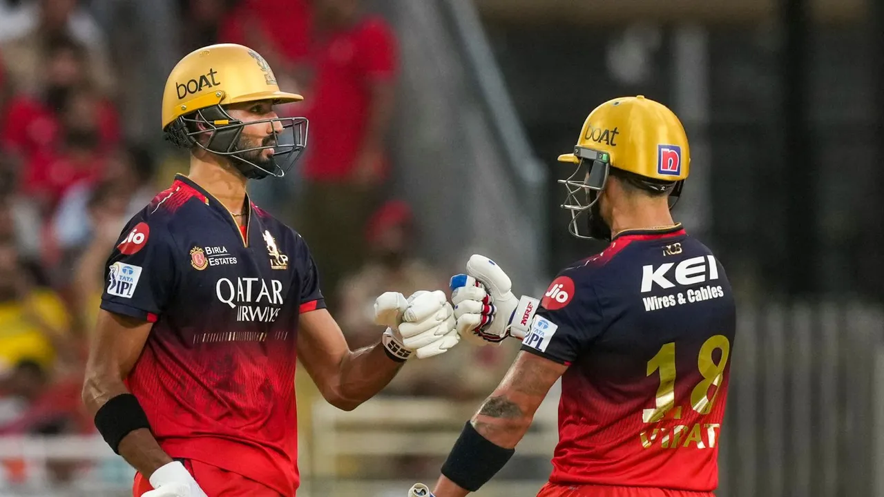 Virat Kohli and Devdutt Padikkal during IPL 2025 T20 cricket match between PBKS and RCB, at Maharaja Yadavindra Singh International Cricket Stadium, in New Chandigarh.