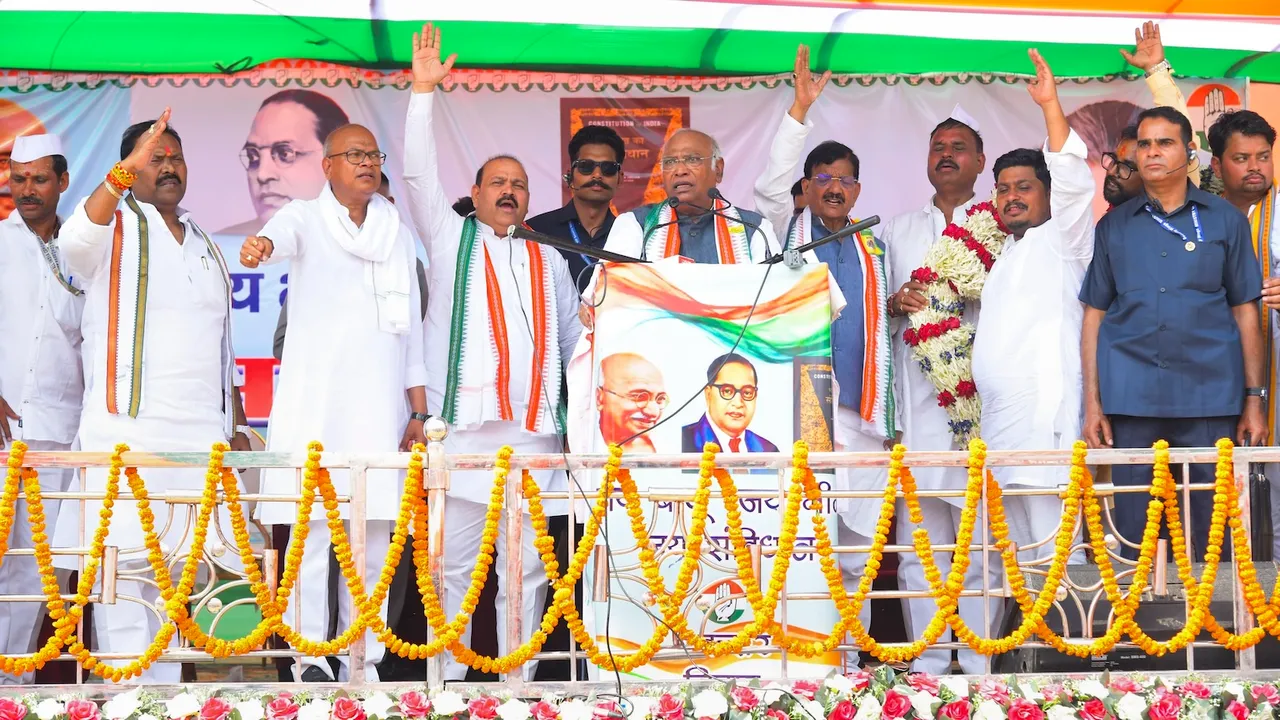 Congress President Mallikarjun Kharge addresses a public meeting in Buxar on April 20, 2025