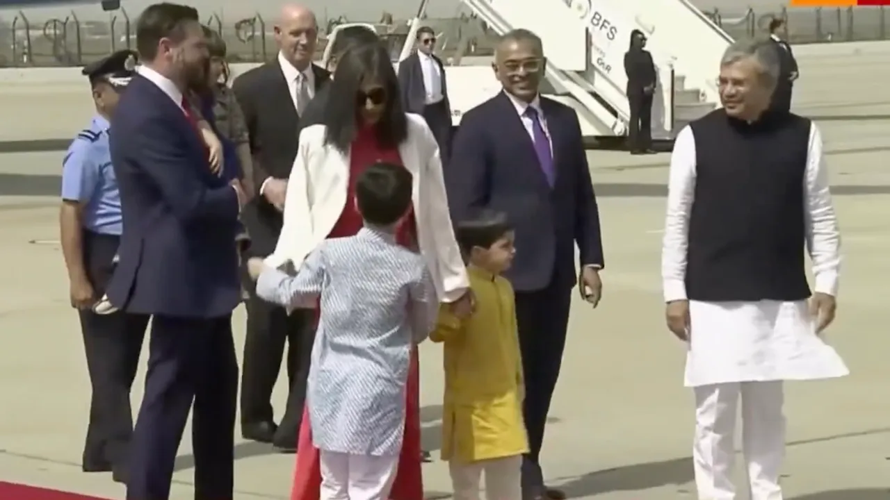 JD Vance and family received by Union Minister Ashwini Vaishnaw in New Delhi on Monday, April 21, 2025.