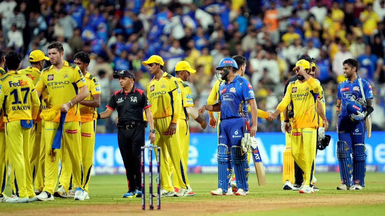 MI players Rohit Sharma and Suryakumar Yadav with CSK players after Mumbai Indians won the IPL match in Mumbai, Sunday, April 20, 2025.