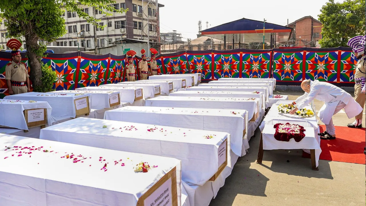 Union Home Minister Amit Shah pays his last respects to 26 people killed in the Pahalgam terror attack, in Srinagar, Jammu and Kashmir. 