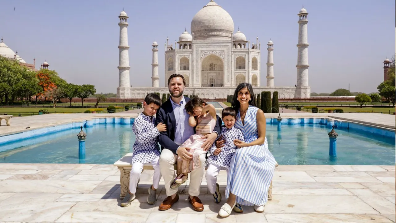 US Vice President JD Vance with wife Usha and their three children, sons Ewan and Vivek and daughter Mirabel, during a visit to the Taj Mahal, in Agra.