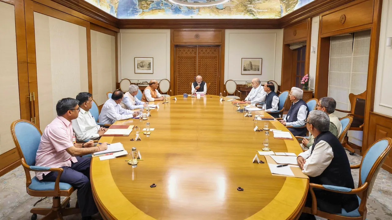 In this image released by PMO on Wednesday, April 23, 2025, Prime Minister Narendra Modi chairs a meeting of the Cabinet Committee on Security (CCS), in New Delhi. At least 26 people were killed in a terror attack in Pahalgam of Jammu & Kashmir, on Tuesday.