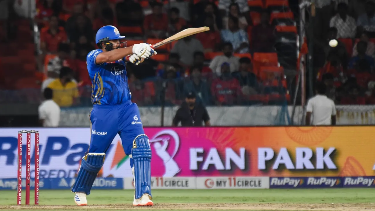 Mumbai Indians' Rohit Sharma celebrates his half century during an IPL match against Sunrisers Hyderabad in Hyderabad on Wednesday, April 23, 2025.