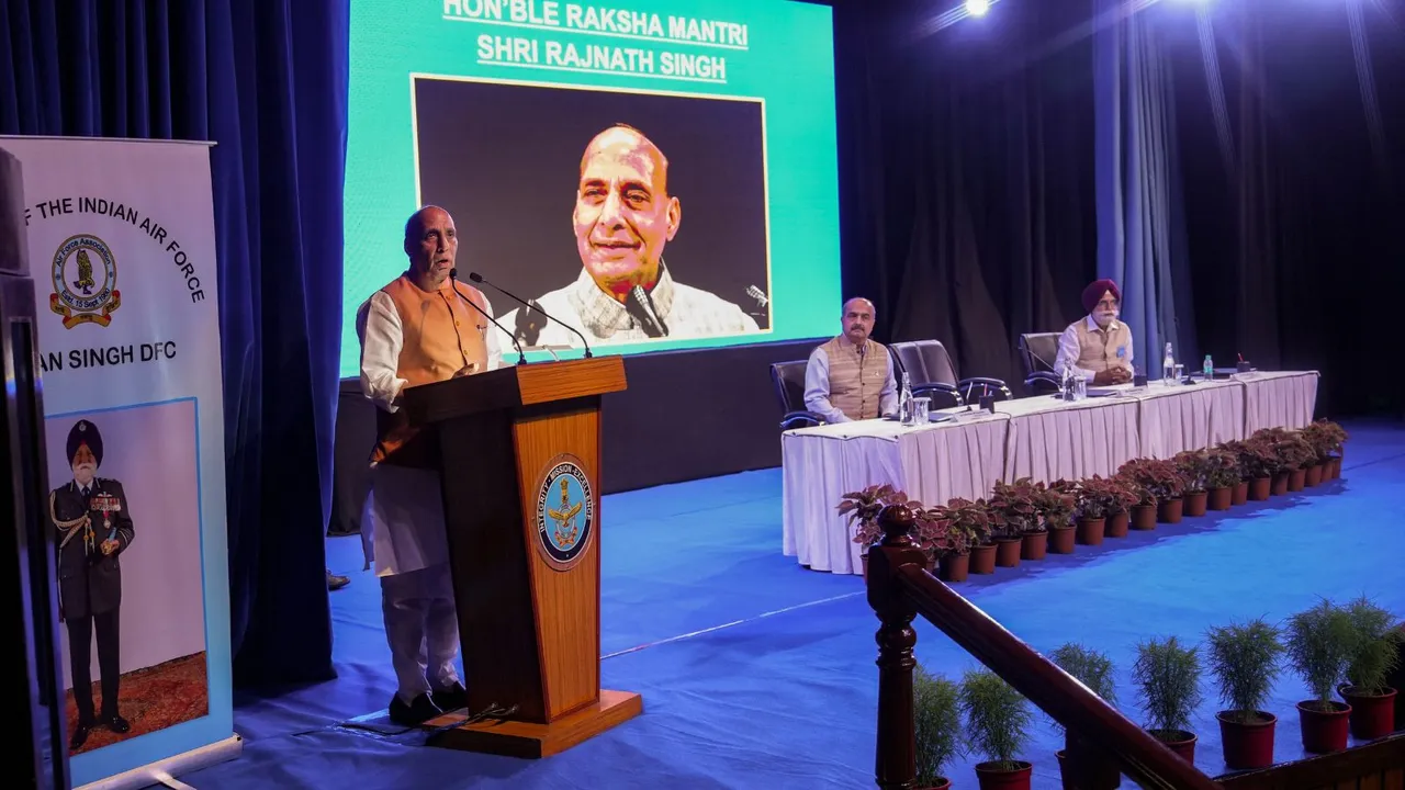 Union Defence Minister Rajnath Singh delivers a memorial lecture on Marshal of the Indian Air Force Arjan Singh, at Air Force Auditorium, Subroto Park, in New Delhi.