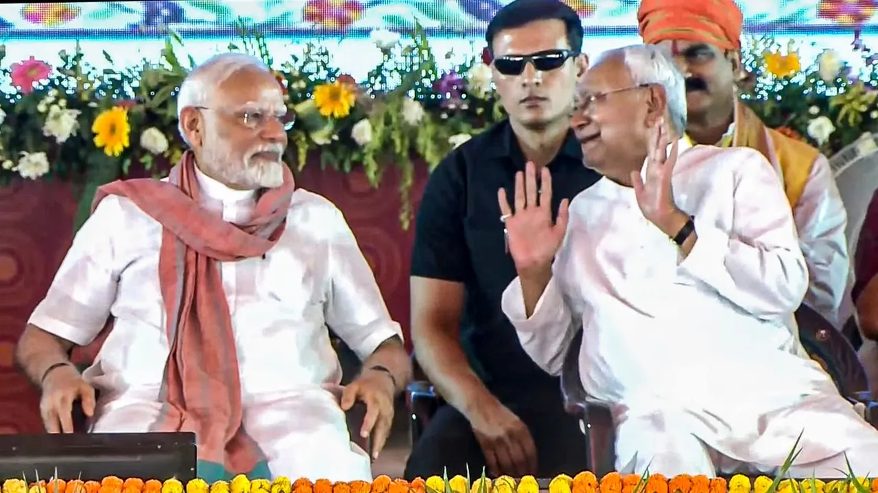 PM Modi with Bihar CM Nitish Kumar during the National Panchayati Raj Day programme, in Madhubani district, Bihar.
