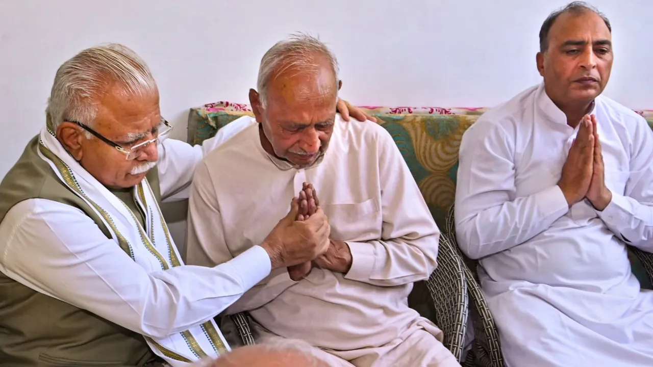 Union Minister Manohar Lal meets family members of Indian Navy officer Vinay Narwal, who was killed in the Pahalgam terror attack, in Karnal, Haryana. 