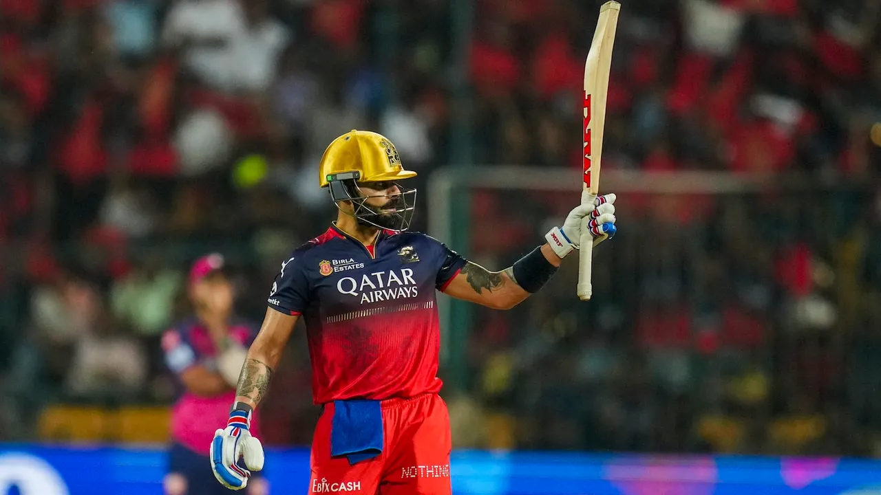 Royal Challengers Bengaluru's Virat Kohli celebrates his half century against Rajasthan Royals at M Chinnaswamy stadium in Bengaluru on Thursday, April 24, 2025.