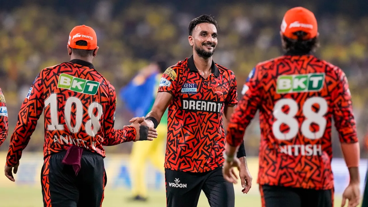 Sunrisers Hyderabad?s Harshal Patel celebrates with teammates after taking the wicket of Chennai Super Kings? Dewald Brevis during an Indian Premier League (IPL) 2025 T20 cricket match between Chennai Super Kings and Sunrisers Hyderabad, at the MA Chidambaram Stadium in Chennai on Friday, April 25, 2025.