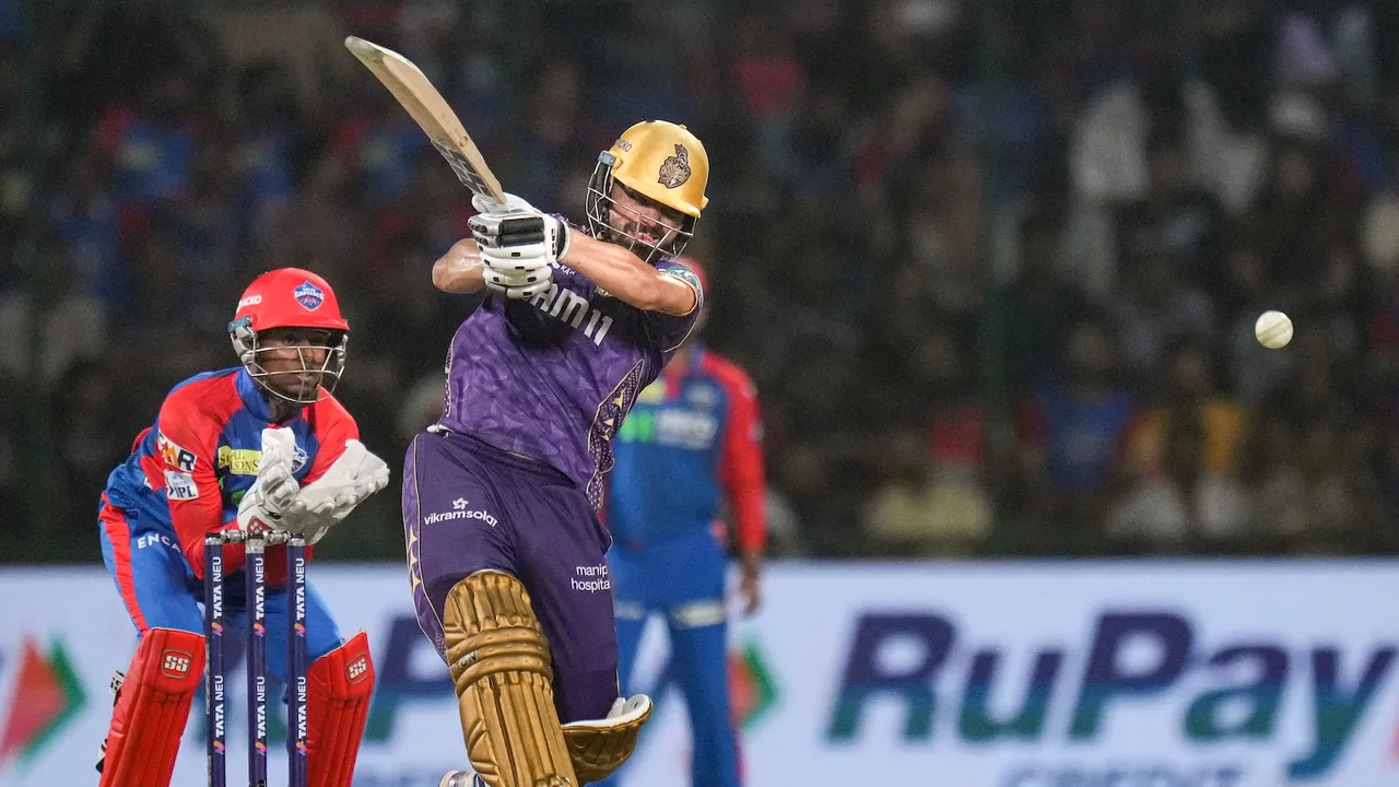 Kolkata Knight Riders’ Rinku Singh plays a shot against Delhi Capitals at the Arun Jaitley Stadium in New Delhi on Tuesday, April 29, 2025.