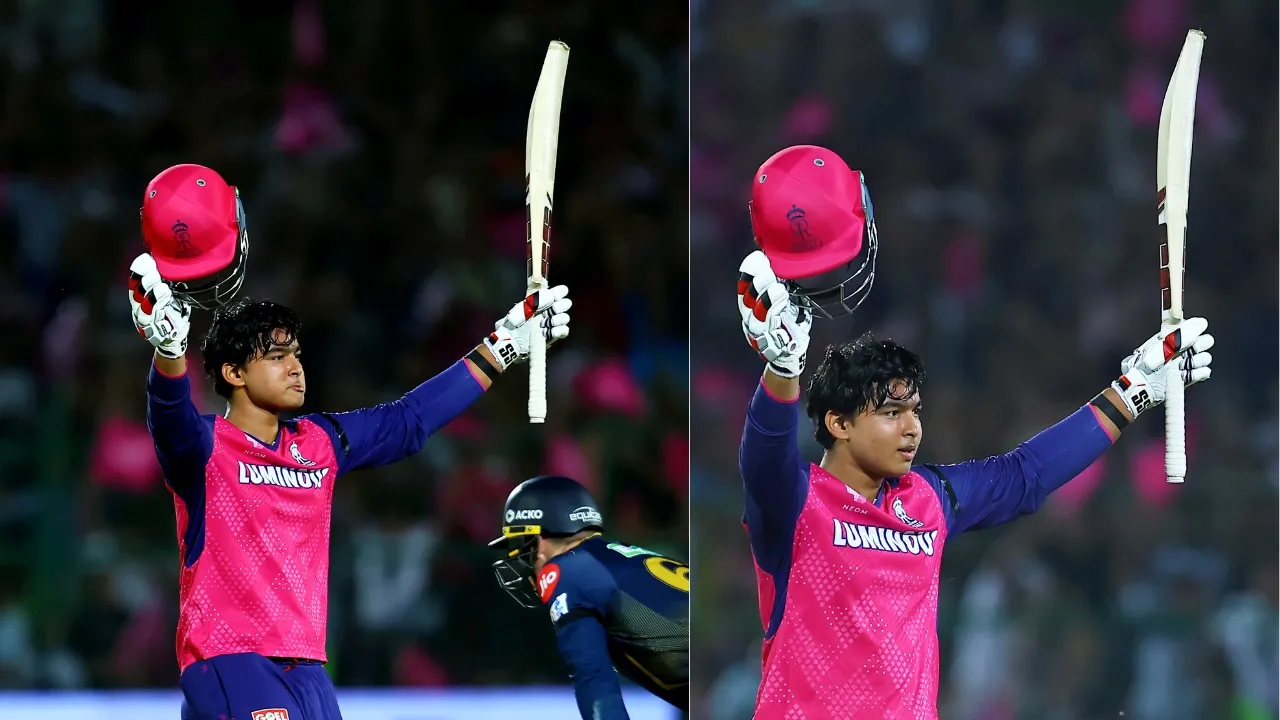 Rajasthan Royals' Vaibhav Suryavanshi celebrates his century against Gujarat Titans in Jaipur on Monday, April 28, 2025. 