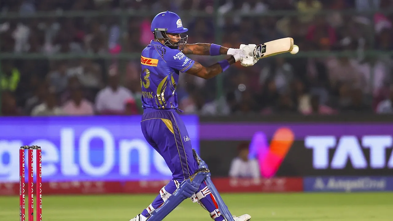 Mumbai Indians' Hardik Pandya plays a shot against Rajasthan Royals in Jaipur on Thursday, May 1, 2025.