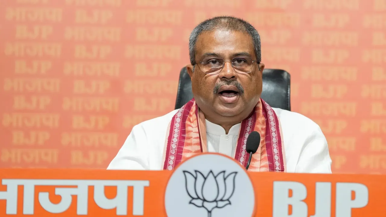  Union Minister and BJP leader Dharmendra Pradhan addresses a press conference at the BJP headquarters, in New Delhi.
