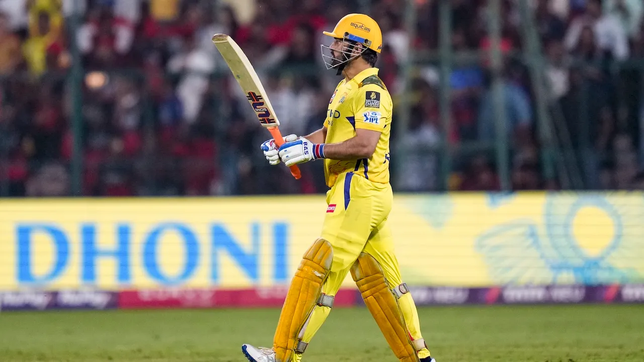 Chennai Super Kings' MS Dhoni during an IPL match against Royal Challengers Bengaluru at M Chinnaswamy Stadium in Bengaluru on Saturday, May 3, 2025.