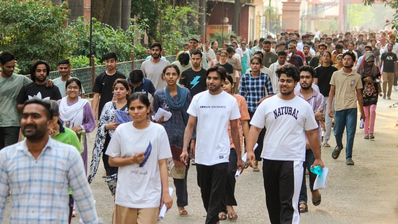 Candidates leave an examination center after appearing for the National Eligibility-cum-Entrance Test (NEET) UG-2025 in Meerut on Sunday, May 4, 2025.