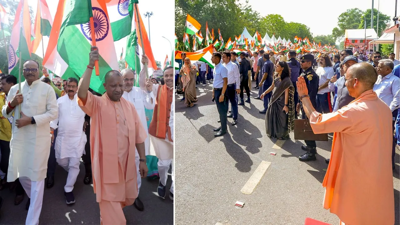 Yogi Adityanath takes part in a 'Tiranga Yatra' to express solidarity with the Indian armed forces, in Lucknow.