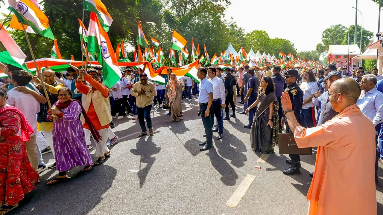 Uttar Pradesh Chief Minister Yogi Adityanath takes part in a 'Tiranga Yatra' to express solidarity with the Indian armed forces, in Lucknow