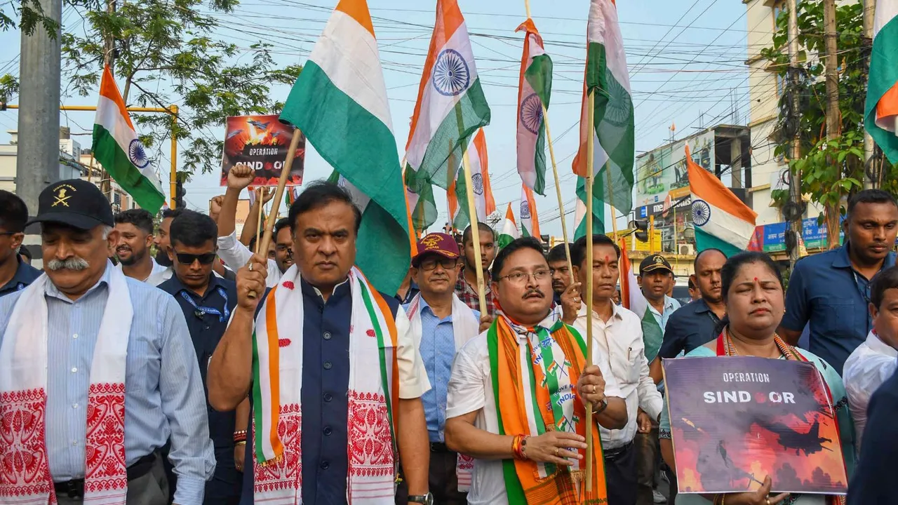 CM Himanta Biswa Sarma along with State BJP President Dilip Saikia and others takes part in a 'Tiranga Yatra' to express solidarity with the Indian armed forces following the Operation Sindoor, in Guwahati