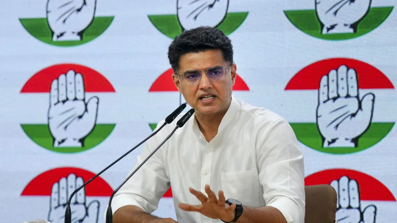 Congress leader Sachin Pilot addresses a press conference, in New Delhi.