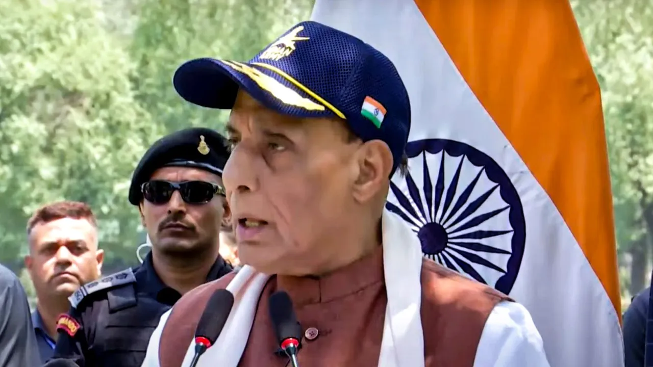 Defence Minister Rajnath Singh addresses the soldiers at Badami Bagh Cantt, in Srinagar.