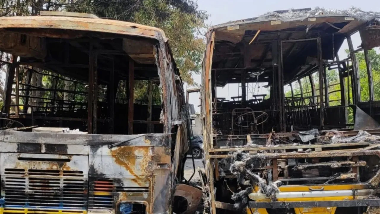 Parked buses catch fire in Noida