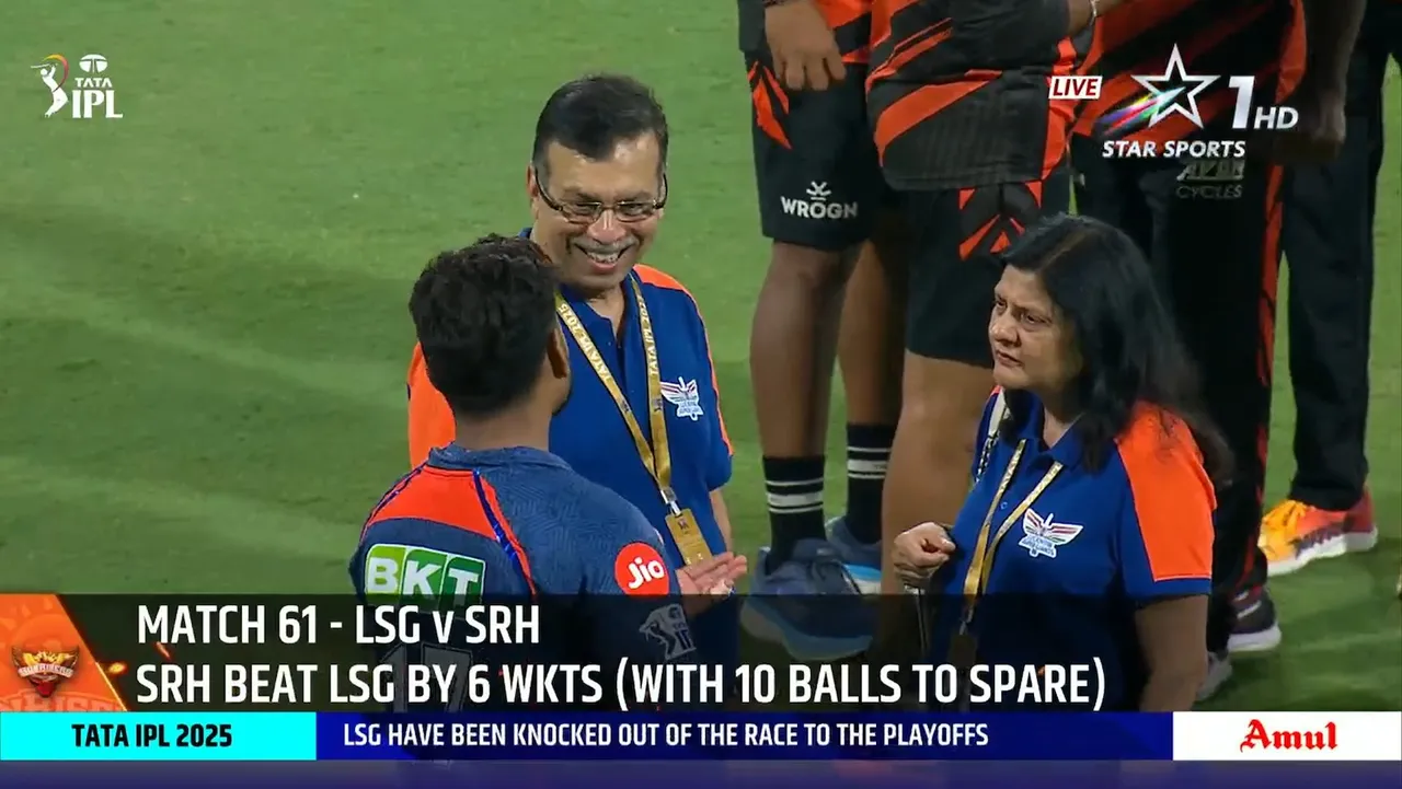Rishabh Pant with Lucknow Super Giants owner Sanjeev Goenka in Lucknow on May 19, 2025.