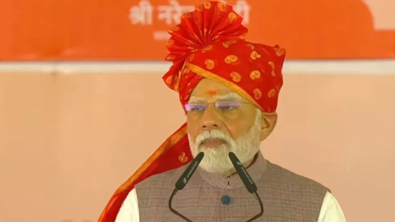 Prime Minister Narendra Modi addresses during the inauguration and foundation stone laying of various development projects, in Bikaner district, Rajasthan. 