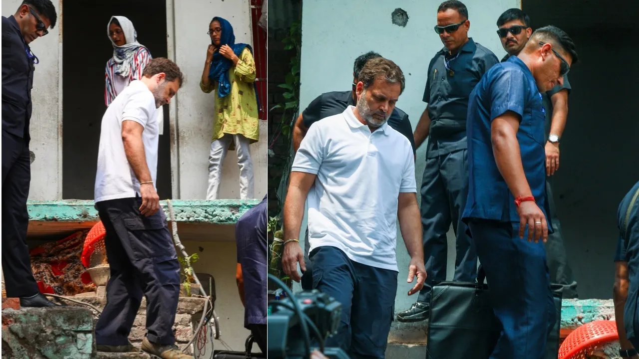 Rahul Gandhi visits an area affected by the recent shelling from Pakistan in Poonch on Saturday, May 24, 2025.