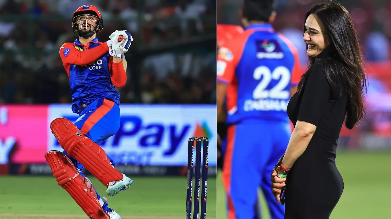 Delhi Capitals' Sameer Rizvi plays a shot against Punjab Kings in Jaipur on Saturday, May 24, 2025. Punjab Kings' co-owner and actor Preity Zinta (right)