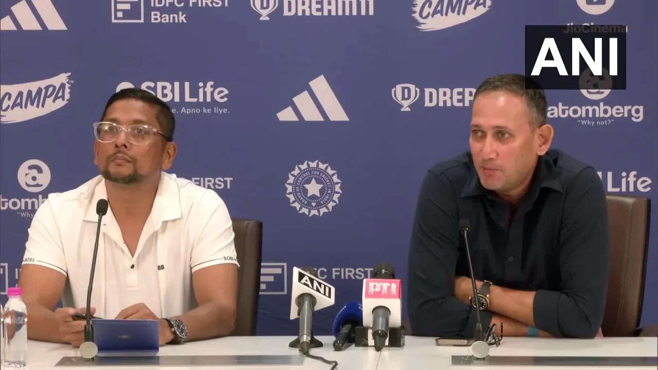 Chief selector Ajit Agarkar (right) during a press conference in Mumbai on Saturday, May 24, 2025.