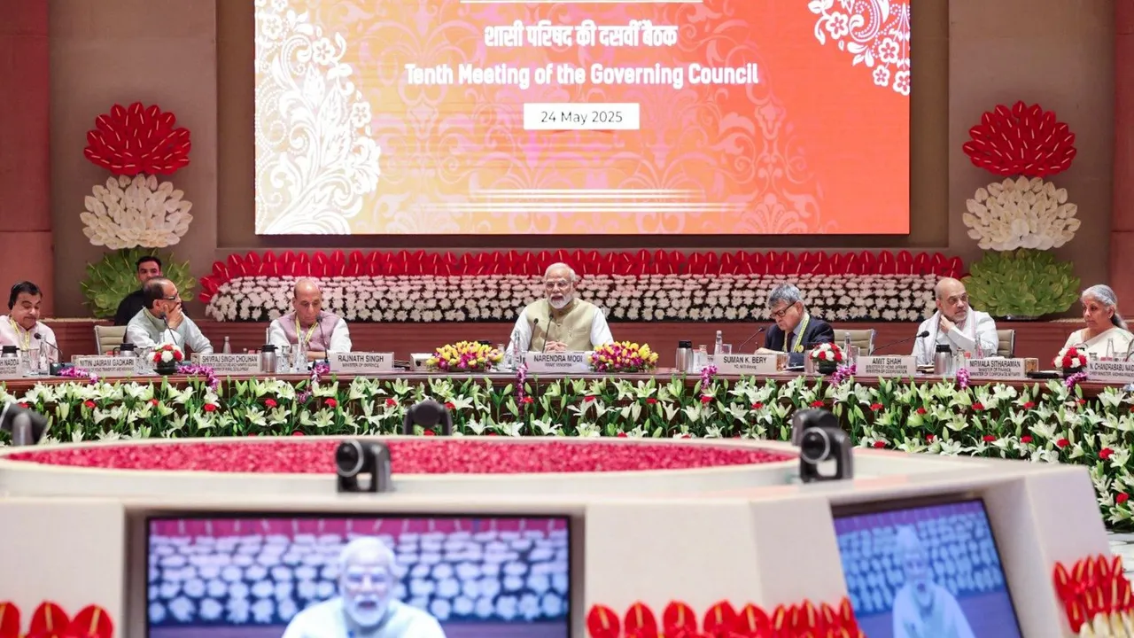 Prime Minister Narendra Modi addresses the 10th Governing Council meeting of Niti Aayog, in New Delhi.