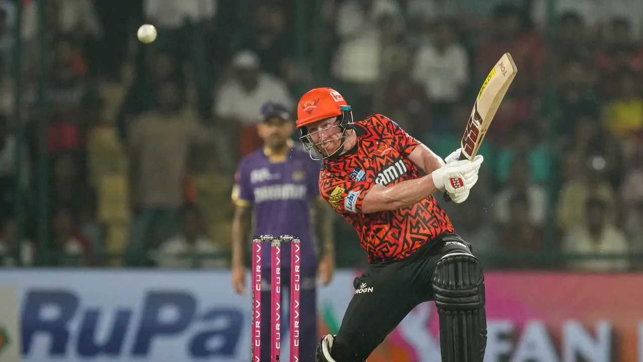 Sunrisers Hyderabad's Heinrich Klaasen plays a shot against Kolkata Knight Riders at the Arun Jaitley Stadium in New Delhi on Sunday, May 25, 2025.
