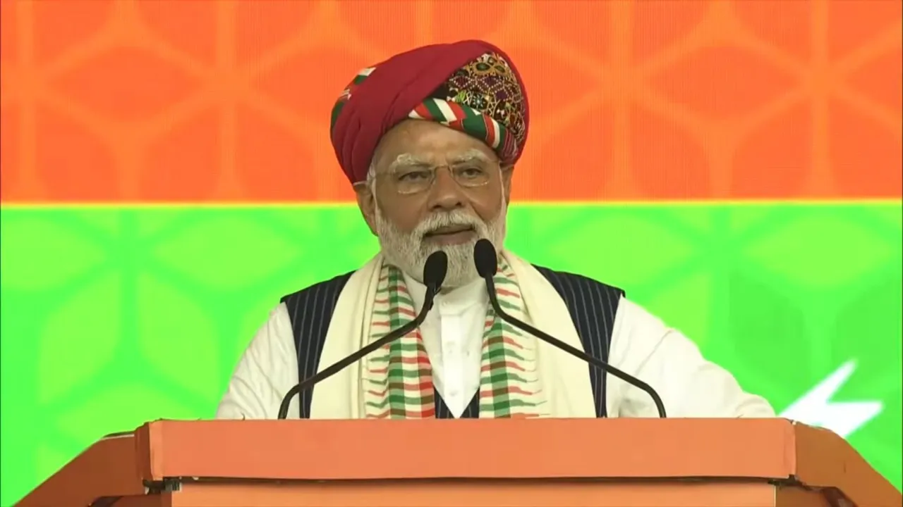  Prime Minister Narendra Modi arrives at a public meeting, in Dahod, Gujarat.
