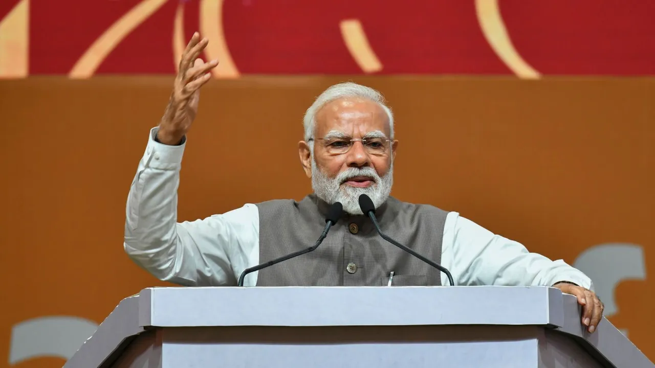 Prime Minister Narendra Modi addresses during celebration of 20 years of Gujarat's Urban Growth Story and launch of 'Urban Development Year, 2025', in Gandhinagar, Gujarat