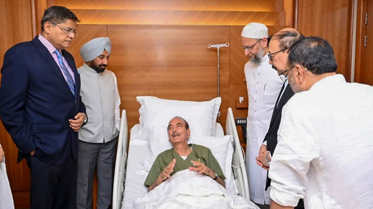 BJP MP Baijayant Panda, who is leading a multi-party delegation, with others meets fellow member of the delegation and Chairman of Democratic Progressive Azad Party Ghulam Nabi Azad after he was admitted to a hospital following deterioration in his health in Kuwait on Tuesday, May 27, 2025.