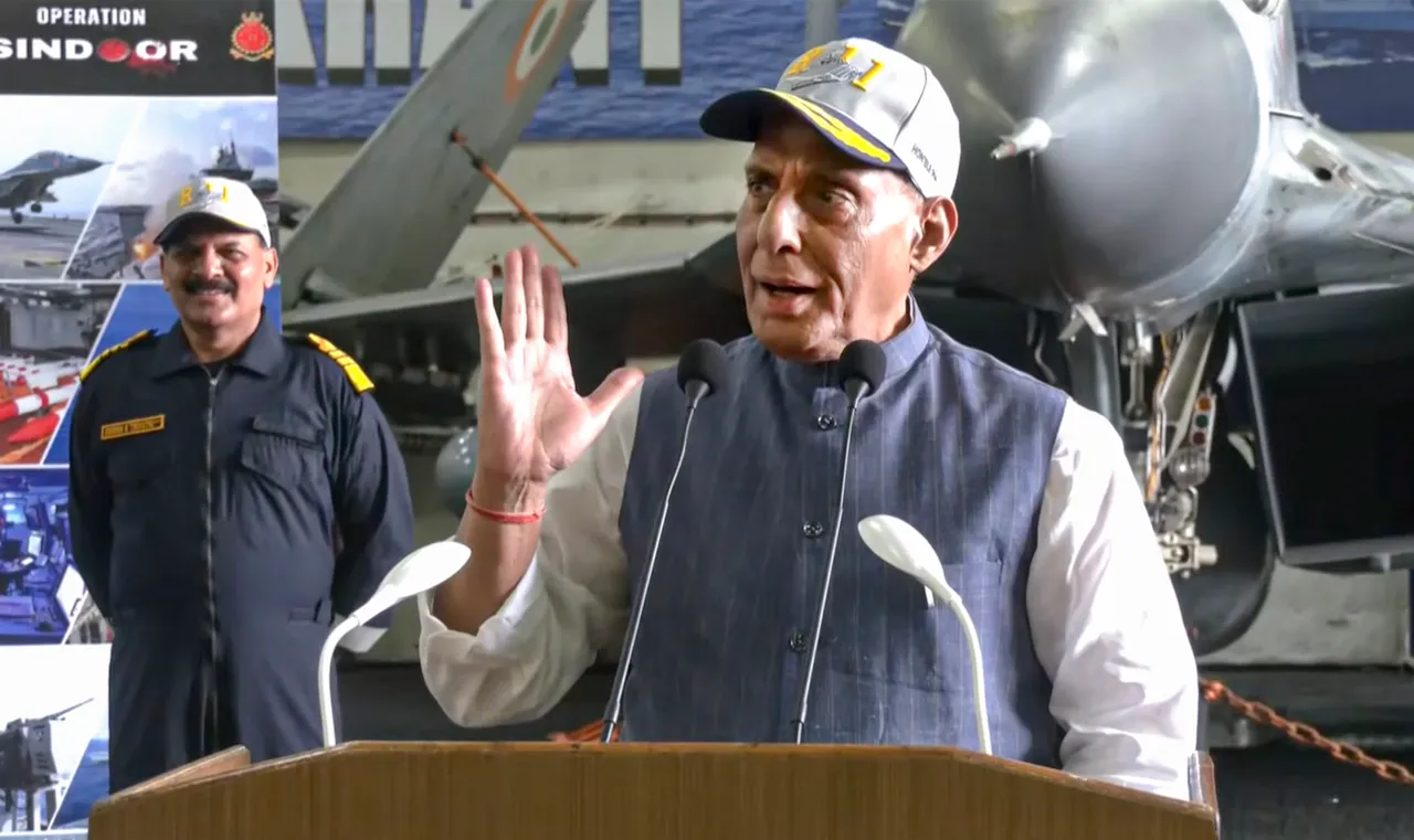 Union Defence Minister Rajnath Singh addresses naval officers during an interaction aboard aircraft carrier INS Vikrant.
