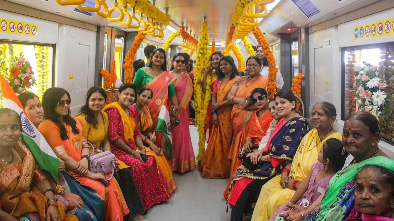 Women take a metro ride on the newly inaugurated 6km-long Super Priority Corridor of Indore Metro, in Indore, Madhya Pradesh, Saturday, May 31, 2025. Prime Minister Narendra Modi virtually inaugurated the metro corridor. 