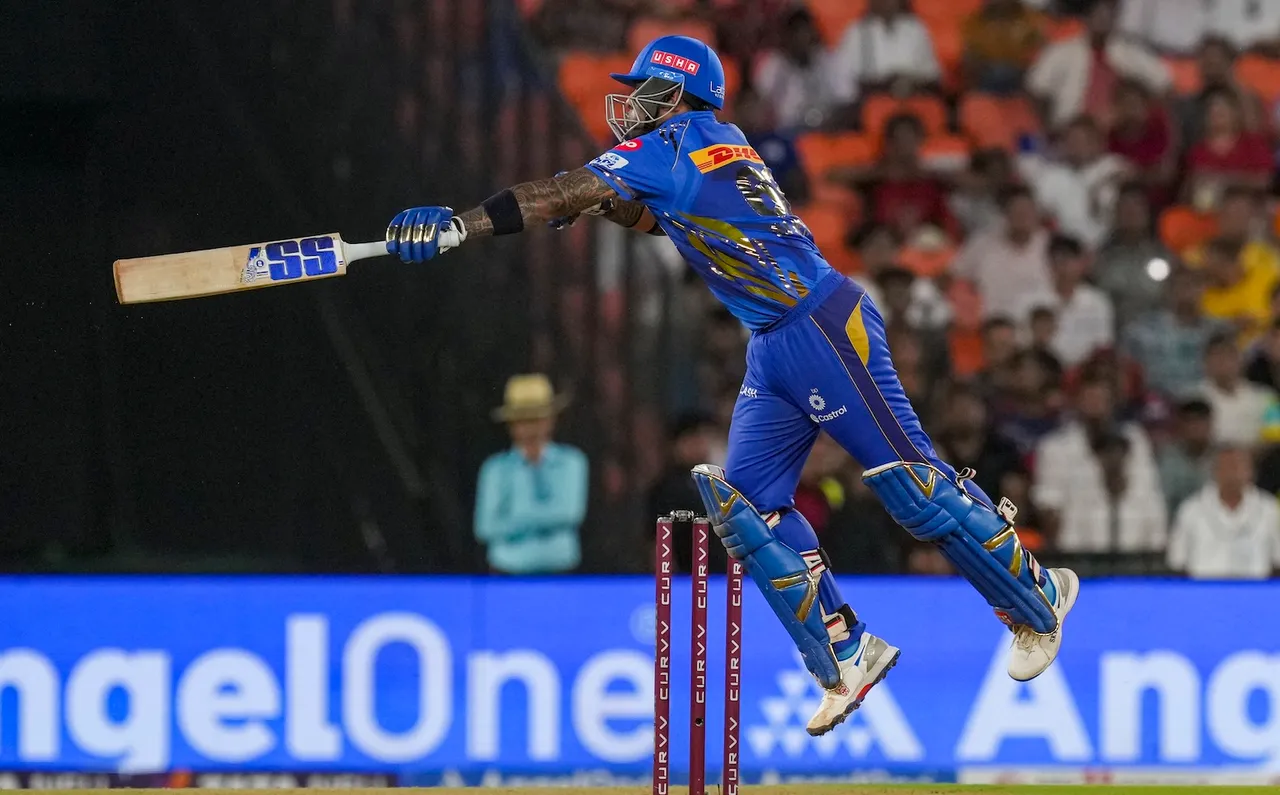 Mumbai Indians' Suryakumar Yadav plays a shot against Punjab Kings in Ahmedabad on Sunday, June 1, 2025. 