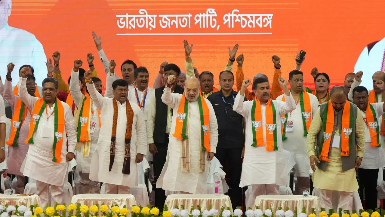 Minister Amit Shah, Sukanta Majumdar, LoP in Bengal Assembly Suvendu Adhikari and others during BJP's organisational meeting at Netaji Indoor Stadium, in Kolkata