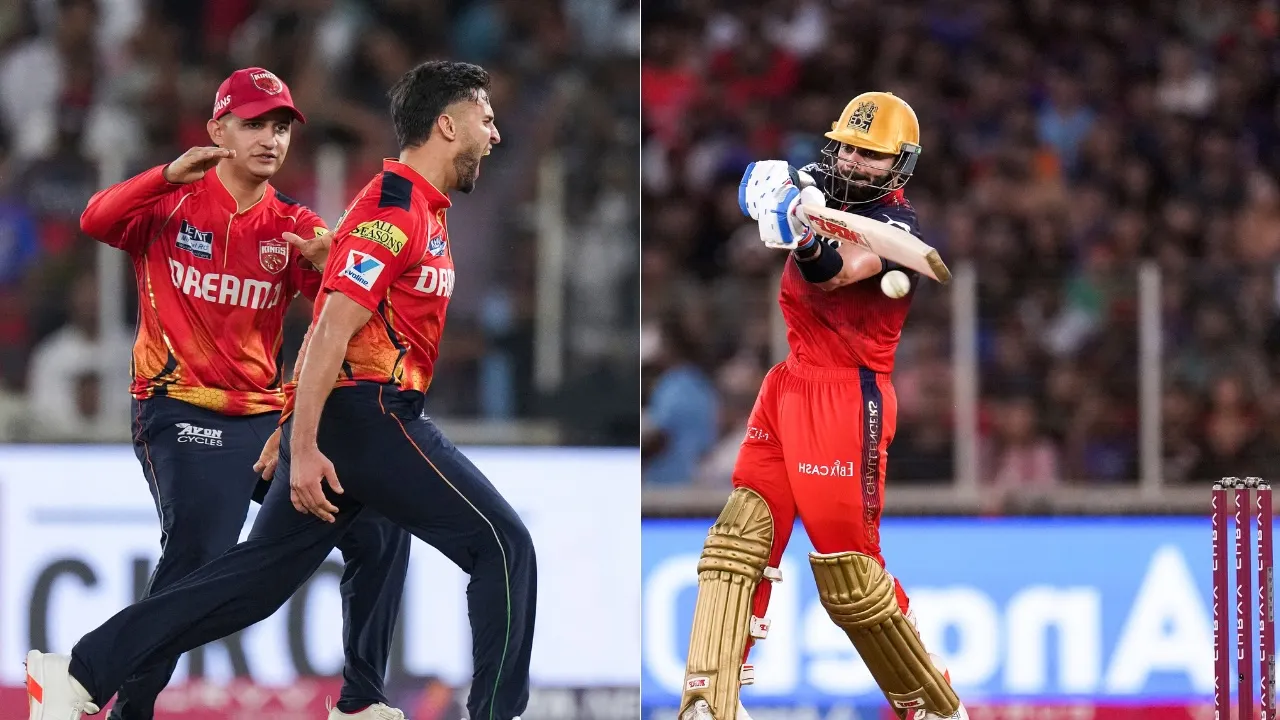 Punjab Kings' Azmatullah Omarzai celebrates after taking the wicket of Royal Challengers Bengaluru's Virat Kohli at the Narendra Modi Stadium in Ahmedabad on Tuesday, June 3, 2025.